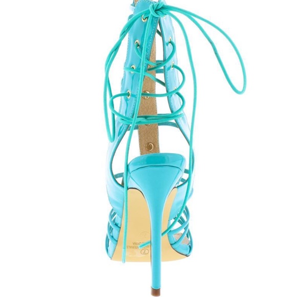 🆕Light Blue/Turquoise Patent Strappy Lace Up Caged Gladiator Style Stone Sandal - Picture 4 of 4
